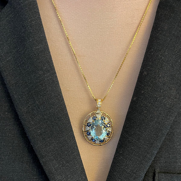 Retro 18K Yellow Gold Aquamarine, Diamond and Sapphire Necklace