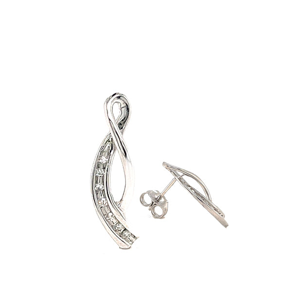 Estate 10K White Gold Diamond Infinity Ribbon Climber Stud Earrings