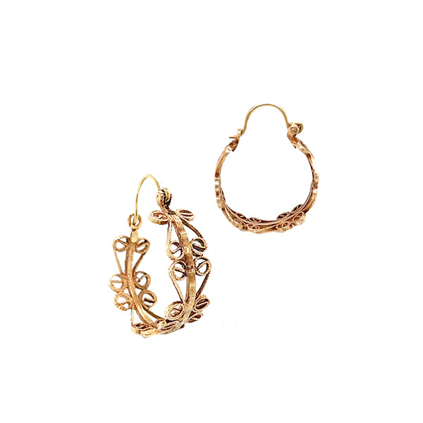 Estate 10K Rose Gold Filigree Hoop Earrings