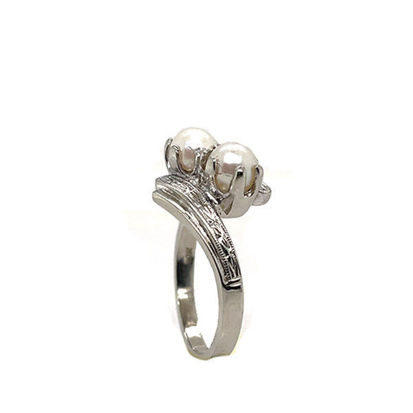 Estate 10K White Gold Pearl Engraved Bypass Ring