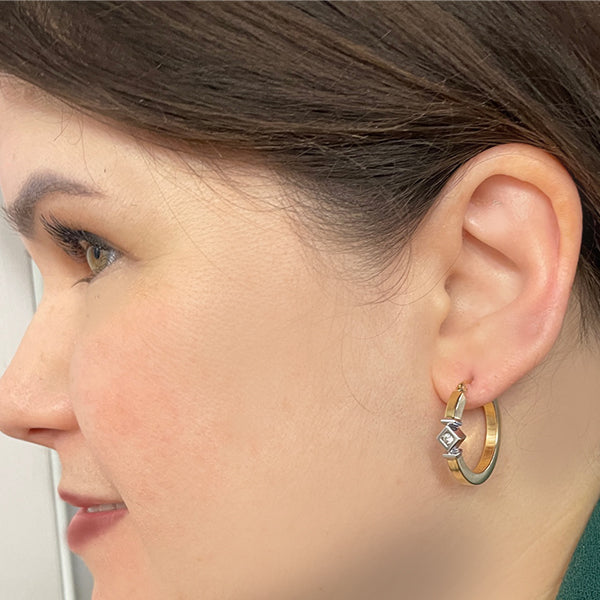 Estate 10K Two Tone Gold Diamond Geometric Hoop Earrings