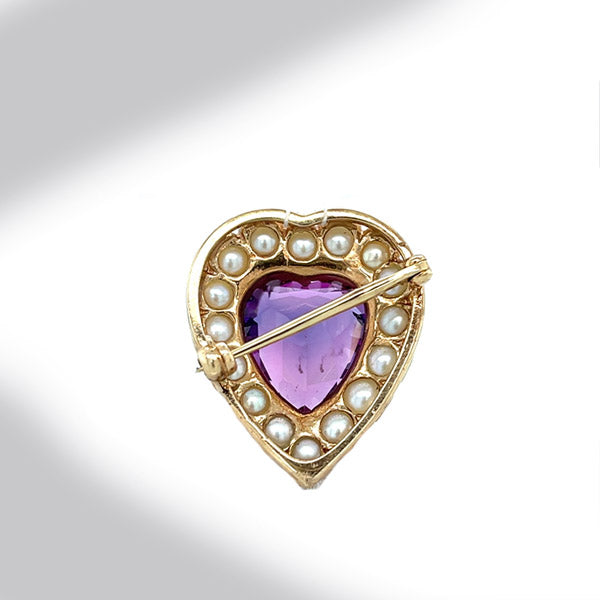 Vintage 10K Yellow Gold Heart-Cut Color Change Sapphire and Pearl Brooch