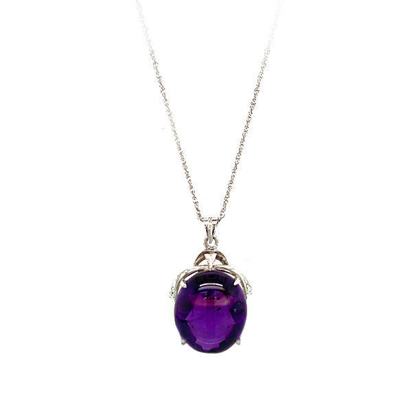 Estate 10K White Gold Oval Bufftop Amethyst Pendant