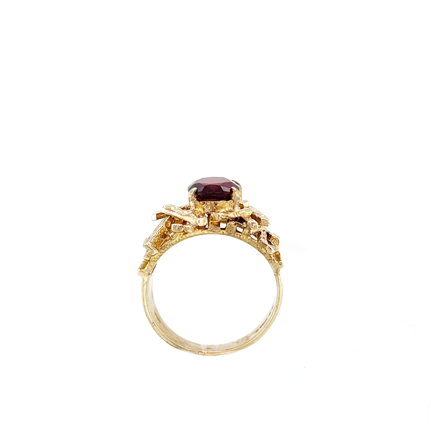 Estate 10K Yellow Gold Wide Sculptural Garnet Ring