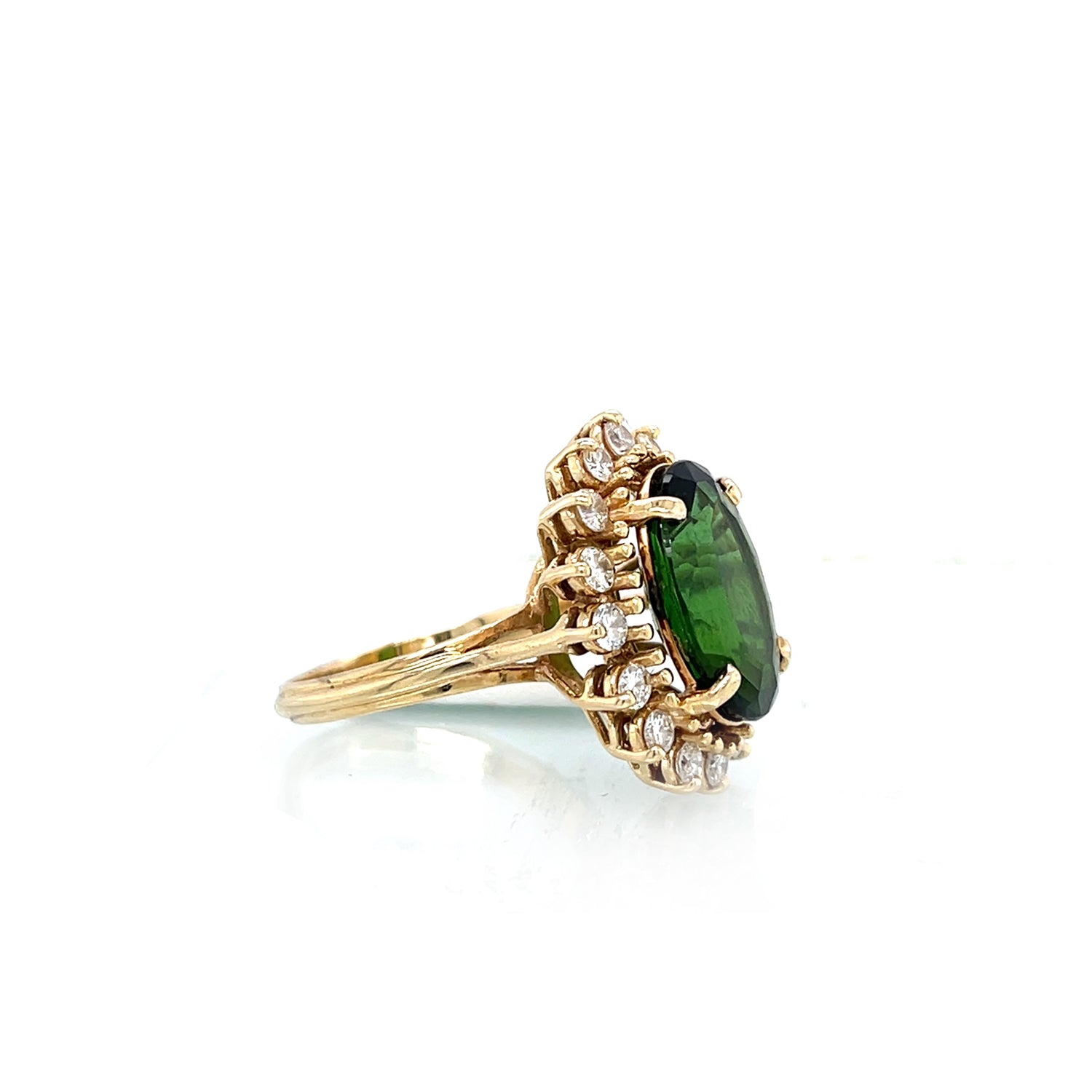 Estate 14K Yellow Gold Green Tourmaline and Diamond Halo Statement Ring