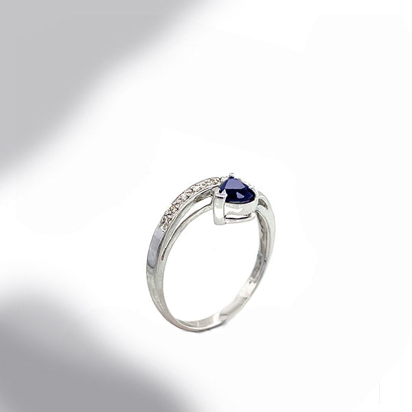 Estate 14k White Gold Heart Cut Sapphire and Diamond Wave Ring