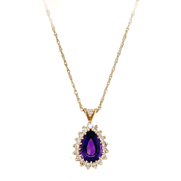 Estate 14K Yellow Gold Amethyst and Diamond Halo Necklace