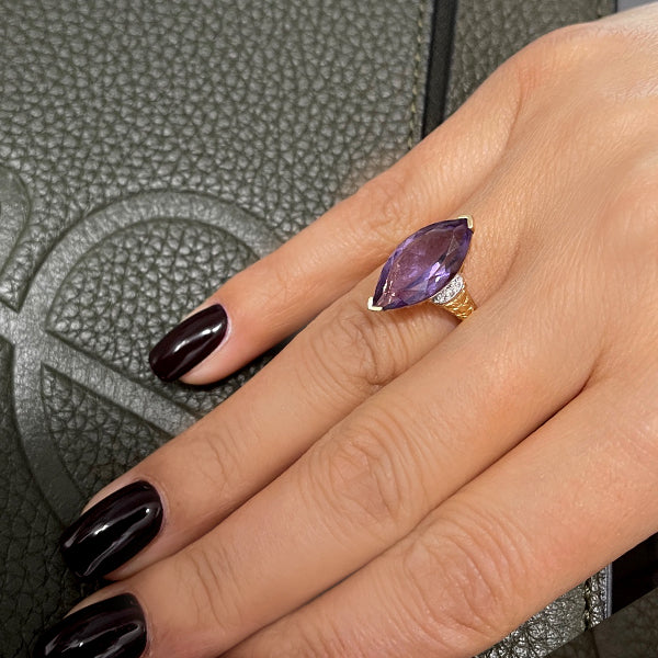 Estate 14K Two Tone Amethyst and Diamond Engraved Ring