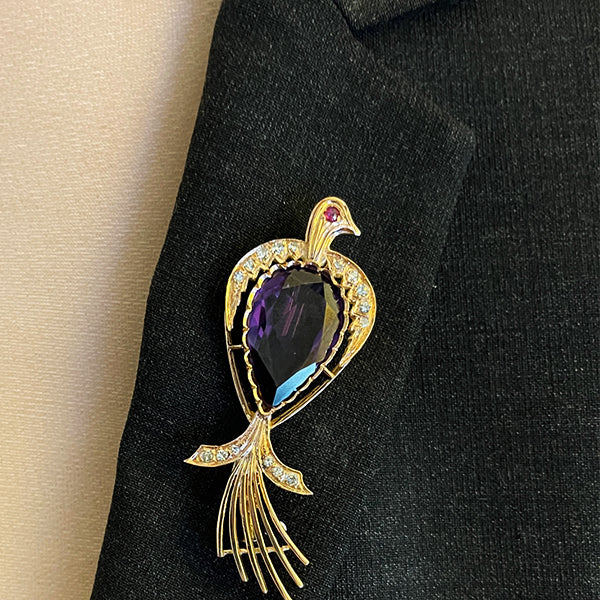 Vintage 14K Rose Gold Color Change Sapphire and Diamond Peacock Brooch