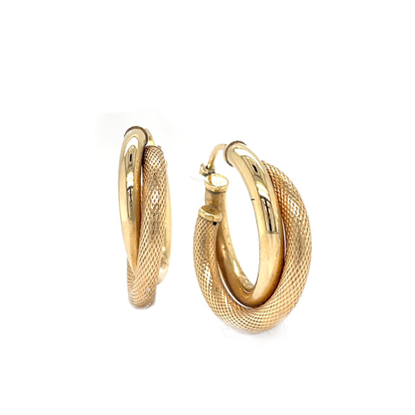 Estate 14K Yellow Gold Double Double Hoop Textured Earrings