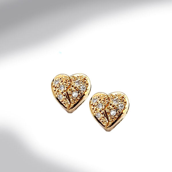 Estate 14K Yellow Gold Pave Diamond Heart Stud Earrings