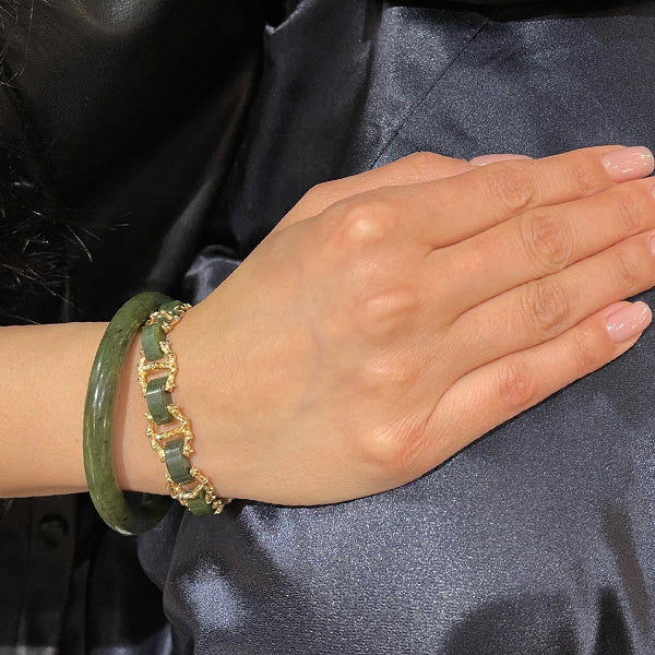 Vintage 14K Yellow Gold Bamboo and Nephrite Jade Link Bracelet
