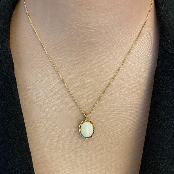 Vintage 14K Yellow Gold Oval Opal Solitaire Pendant