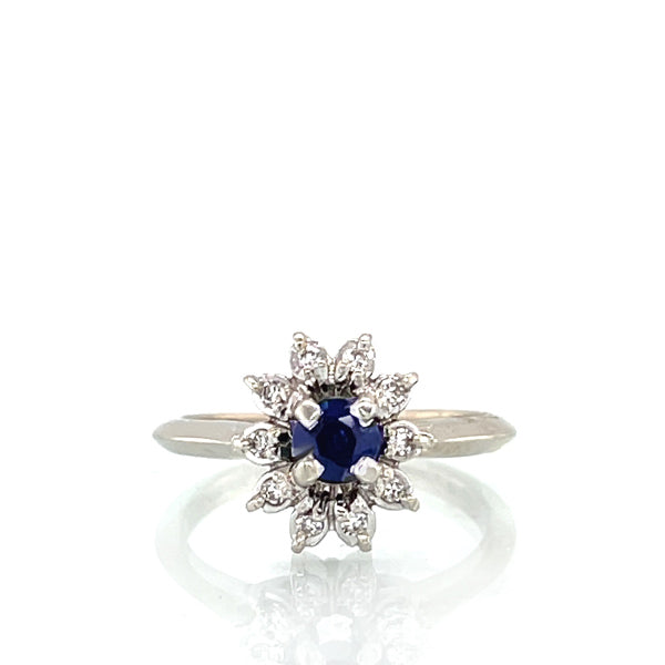 Estate 14K White Gold Sapphire and Diamond Sunburst Halo Ring