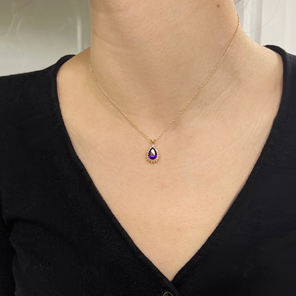 Estate 14K Yellow Gold Amethyst and Diamond Halo Necklace