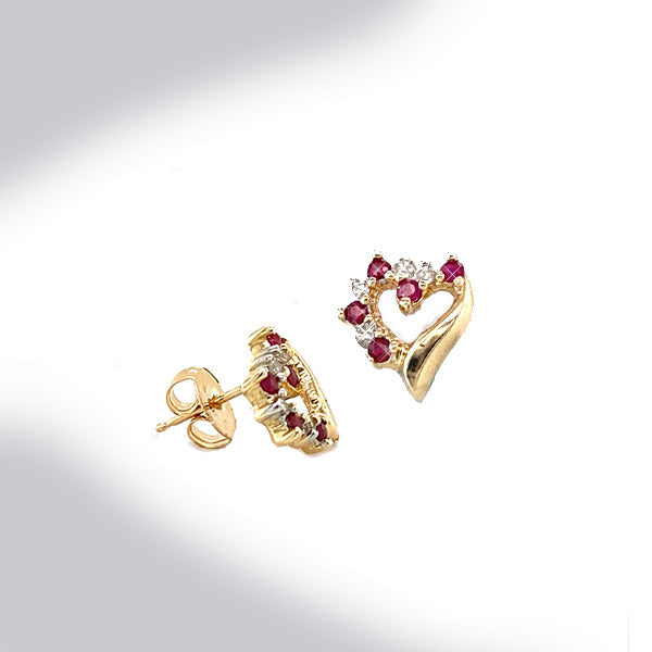 Estate 10K Yellow Gold Diamond and Ruby Heart Stud Earrings