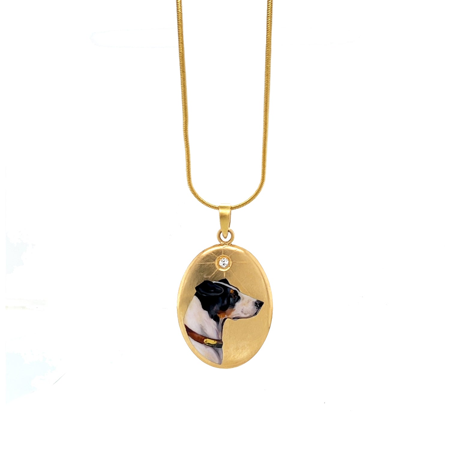 Estate 18K Yellow Gold Diamond and Enamel Oval Dog Pendant