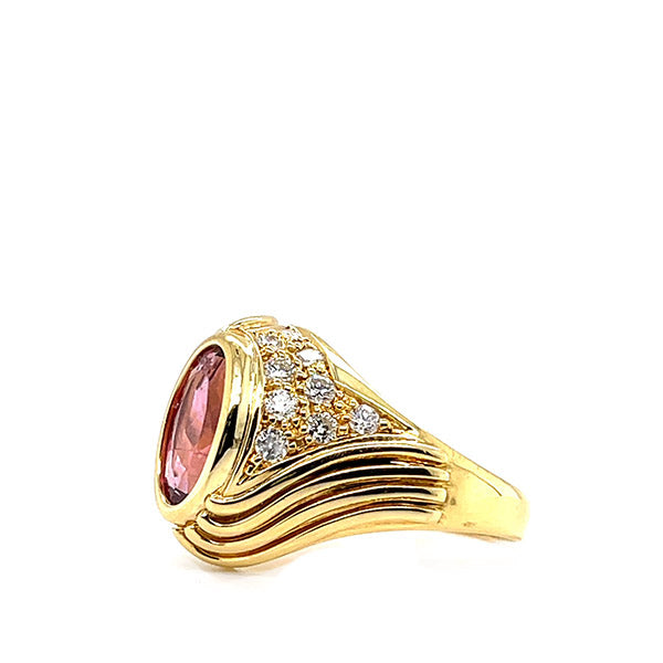 Estate 18K Yellow Gold Pink Tourmaline and Diamond Ring