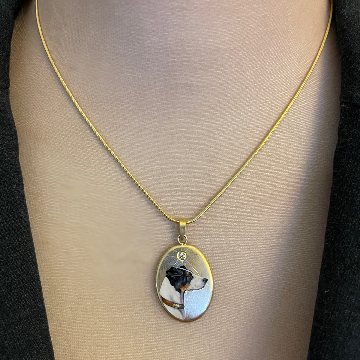 Estate 18K Yellow Gold Diamond and Enamel Oval Dog Pendant