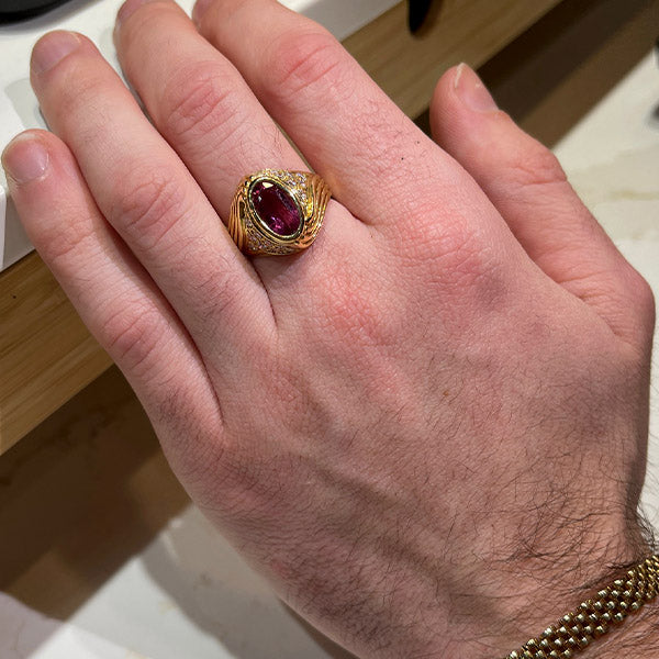 Estate 18K Yellow Gold Pink Tourmaline and Diamond Ring