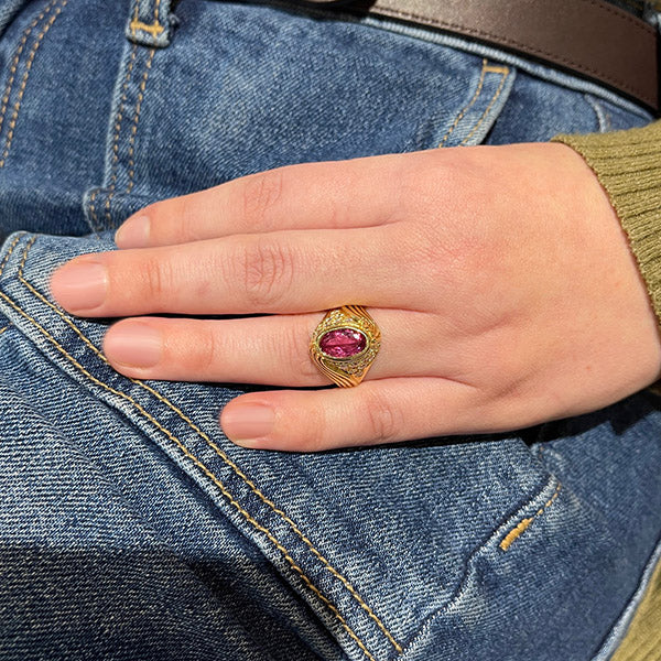 Estate 18K Yellow Gold Pink Tourmaline and Diamond Ring