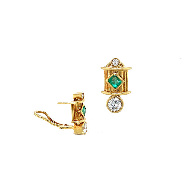 Estate 18K Yellow Gold Diamond and Emerald Sculptural Stud Earrings