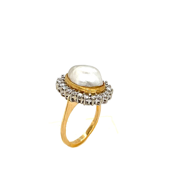 Estate 18K Yellow Gold Baroque Pearl and Diamond Halo Ring