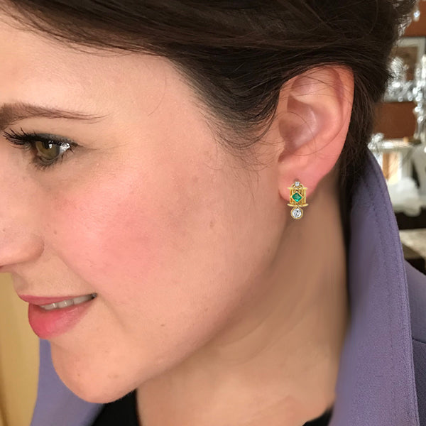 Estate 18K Yellow Gold Diamond and Emerald Sculptural Stud Earrings