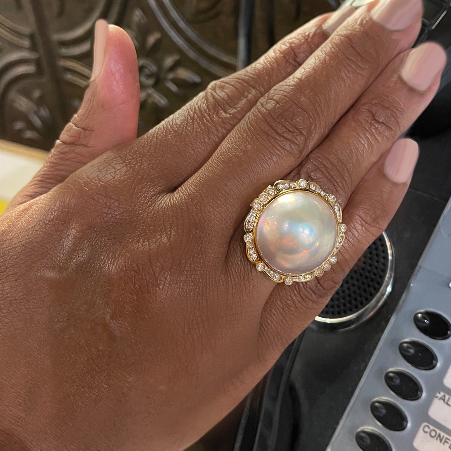 Vintage 18K Yellow Gold Mabe Pearl and Diamond Halo Cocktail Ring