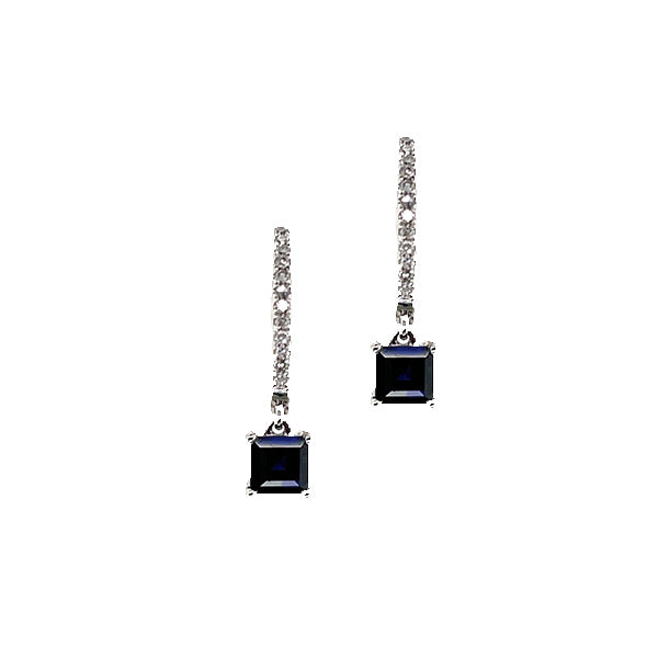 Estate 10K White Gold Diamond Huggies with Sapphire Dangles