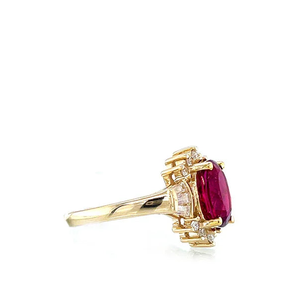 Estate 14K Yellow Gold Rubellite and Diamond Halo Ring
