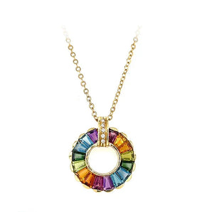 Estate 18K Yellow Gold Diamond and Gemstone Rainbow Scalloped Circle Pendant