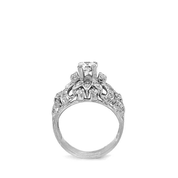 Vintage 10K White Gold 1.20ctw Diamond Leaf Motif Engagement Ring