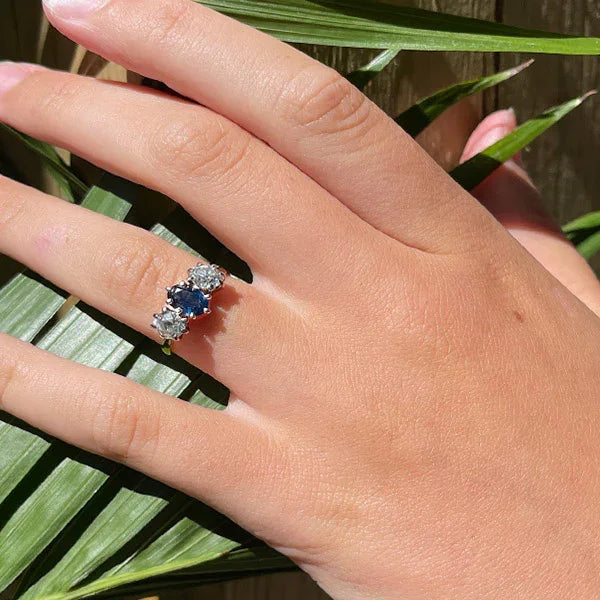 Vintage Mid-Century 18K and Platinum Sapphire and Diamond Three Stone Ring