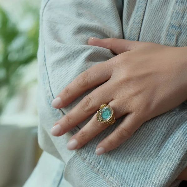 Estate 14K Yellow Gold Clear Quartz and Carved Turquoise Rose Ring