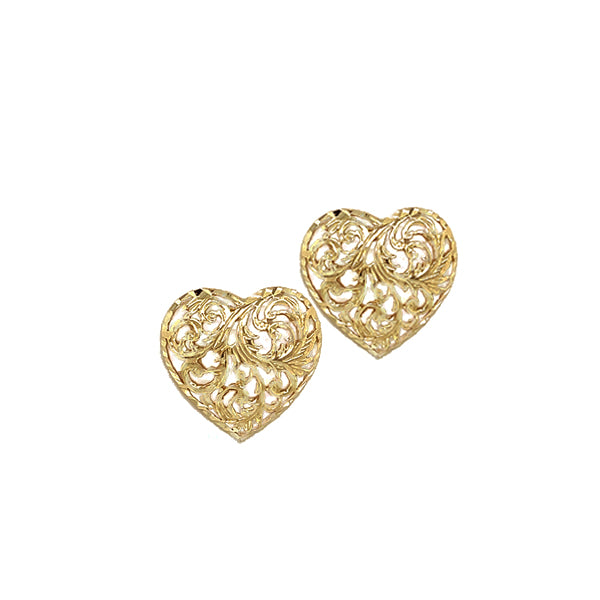 Vintage 14K Yellow Gold Filigree Heart Stud Earrings