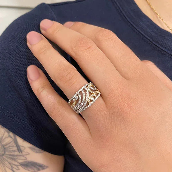 Estate 18K White and Rose Gold Diamond Tapered Ring with Sculptural Openwork Design