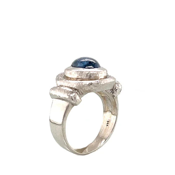 Estate 14K White Gold Natural Sapphire Cabochon Chunky Textured Ring