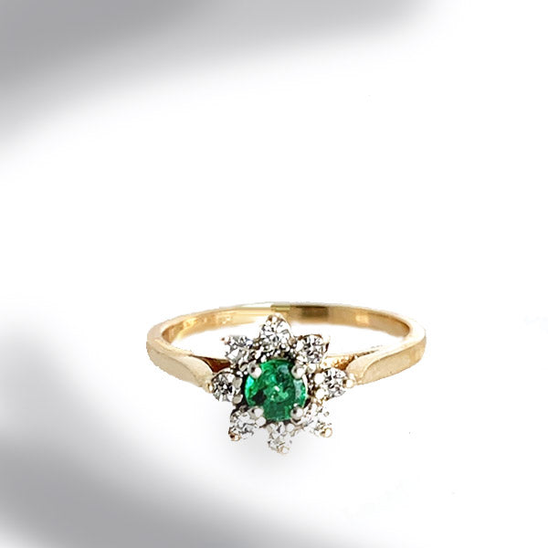 Estate Birks 14K Yellow Gold Emerald and Diamond Sunburst  Ring