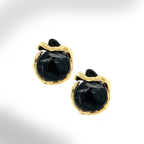 Vintage 14K Yellow Gold Black Coral Asymmetric Freeform Stud Earrings