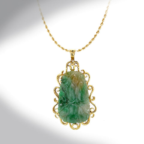 Estate 14K Yellow Gold Large Carved Jade Filigree Pendant