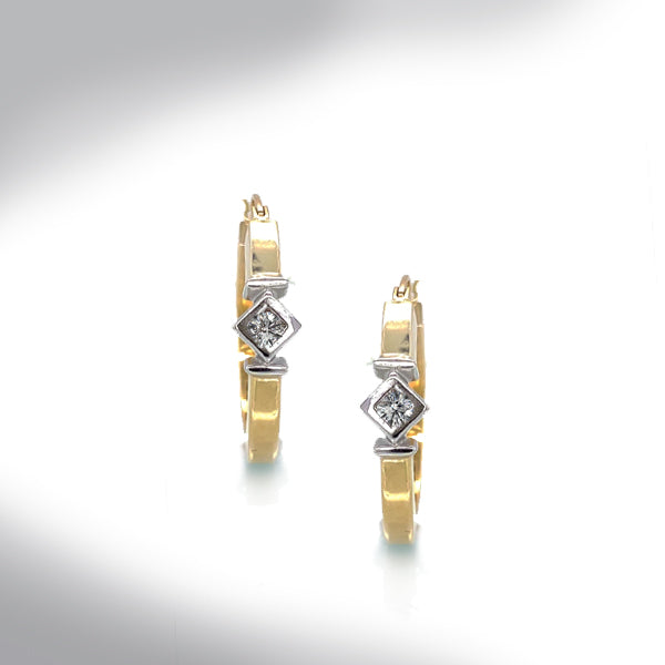 Estate 10K Two Tone Gold Diamond Geometric Hoop Earrings