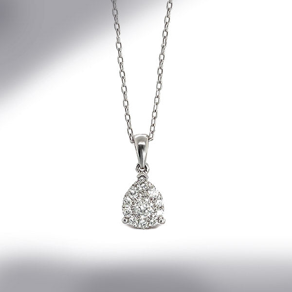 Estate 10K White Gold Diamond Pear Shaped Cluster Pendant Necklace