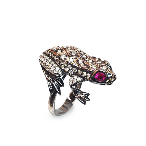 Estate 18k Yellow Gold Black Rhodium Fancy Diamonds & Ruby Frog Ring One-of-a-Kind