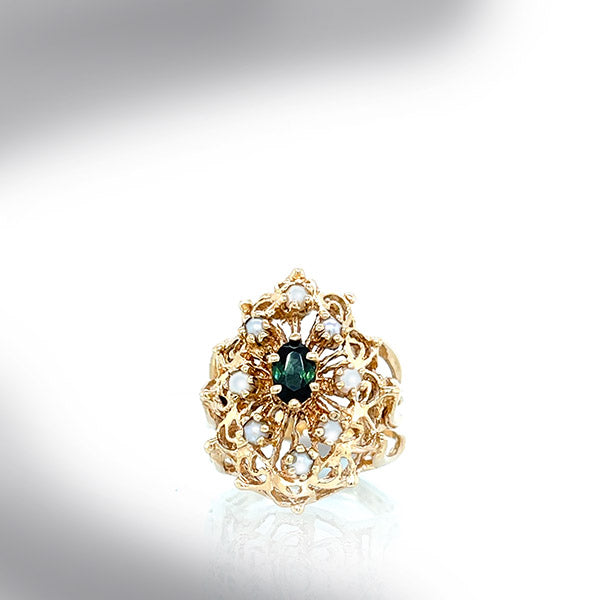 Vintage 14K Yellow Gold Green Tourmaline and Pearl Statement Ring