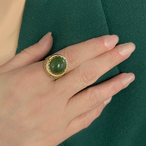 Vintage 10K Yellow Gold Nephrite Jade Filigree Statement Ring