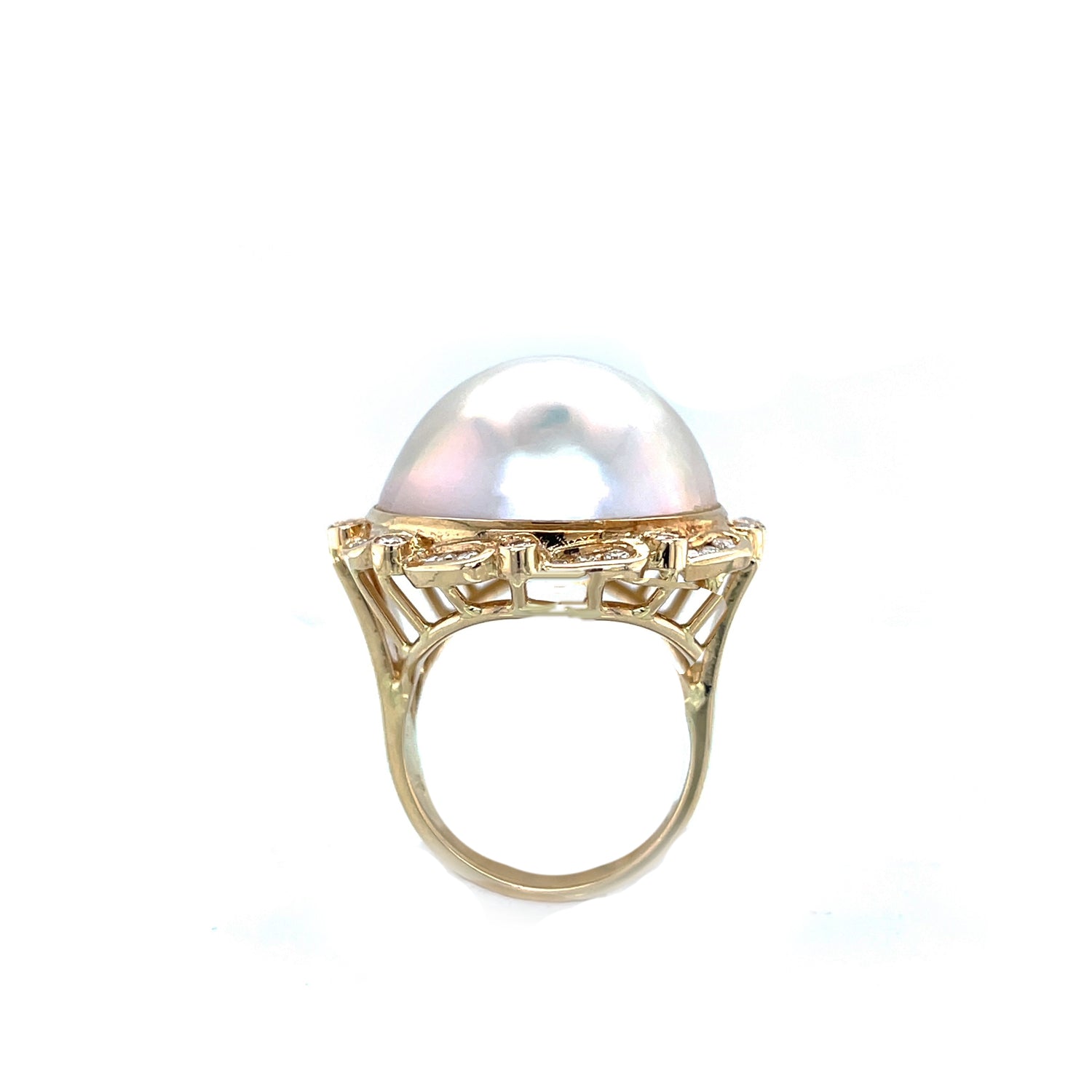 Vintage 18K Yellow Gold Mabe Pearl and Diamond Halo Cocktail Ring