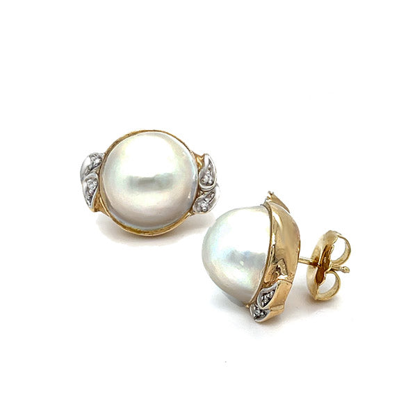 Vintage 14k Yellow Gold Mabe Pearl & Diamond Stud Earrings