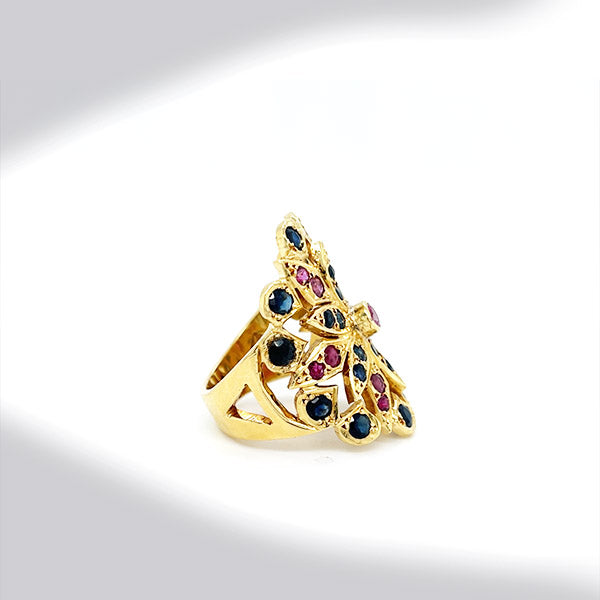 Estate 18K Yellow Gold Ruby and Sapphire Floral Shield Ring