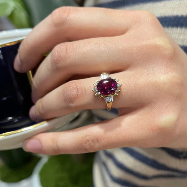 Estate 14K Yellow Gold Rubellite and Diamond Halo Ring